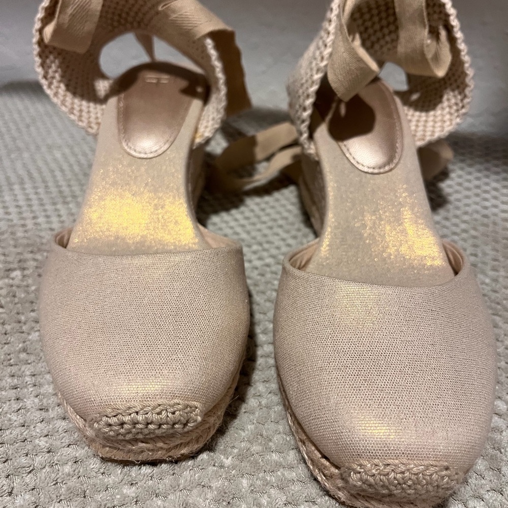 Woven Ankle-Tie Espadrille Wedges in Beige